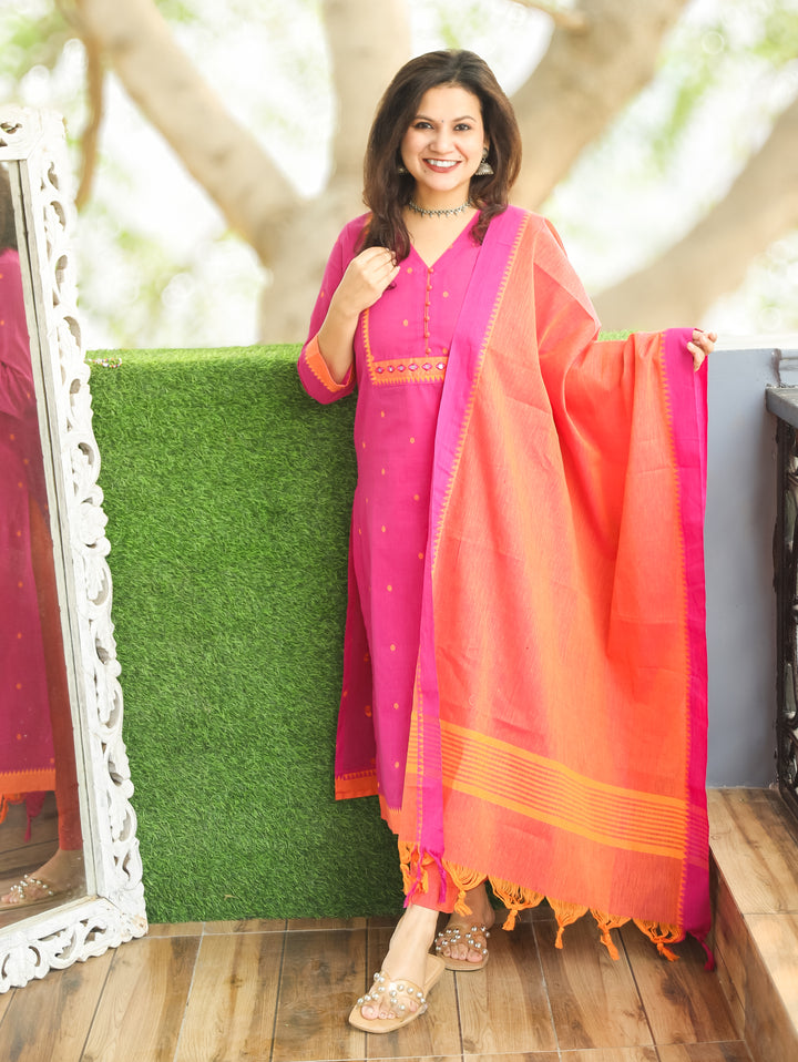 Yakisa Bright Pink Potli Button Mirror Yoke Thread Weaved South Cotton 3 Piece Set