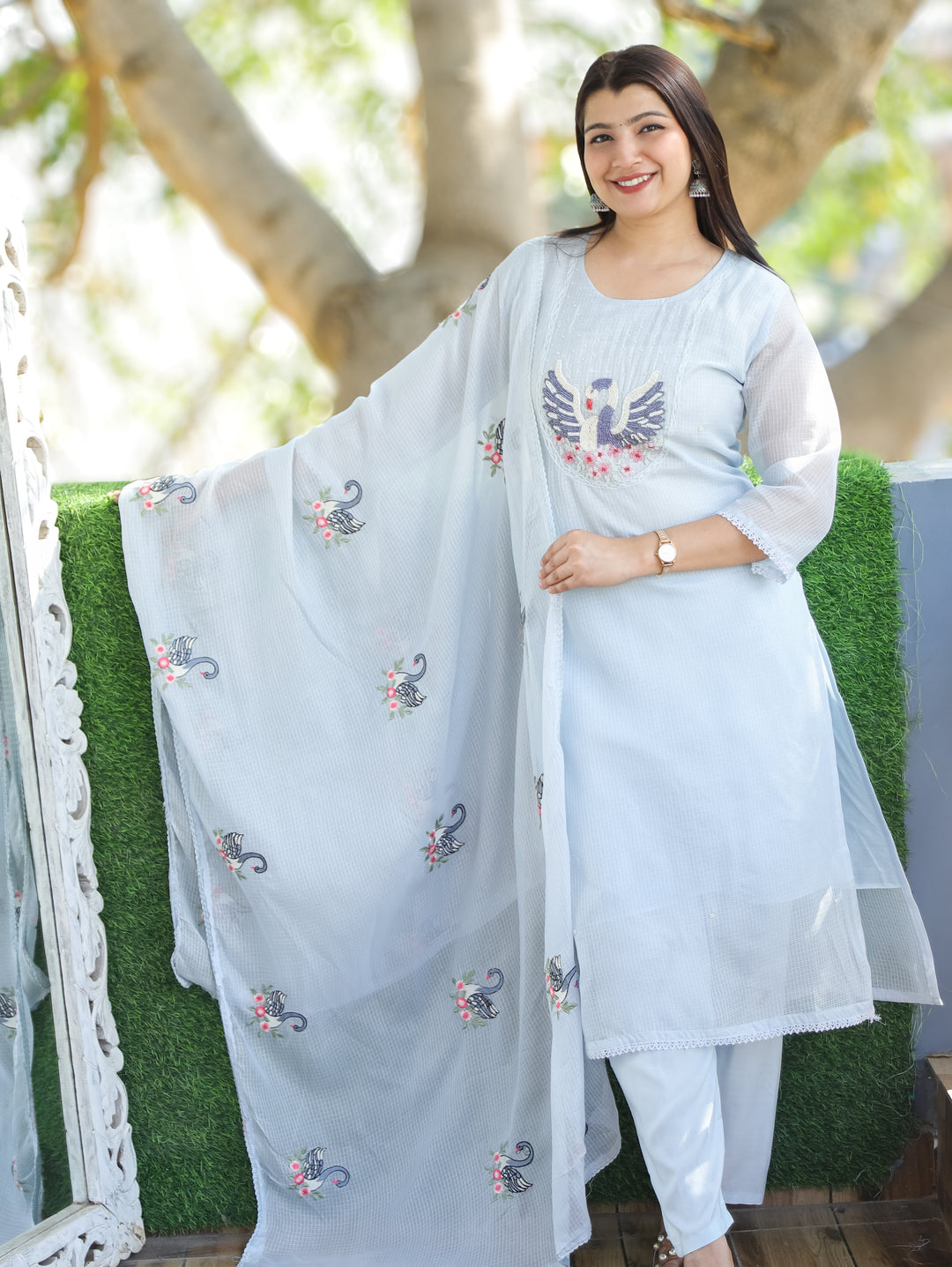 Kaveri Sky Bluish Grey Bird Style Kardana Neck Yoke Work Kota Doriya 3 Piece Set