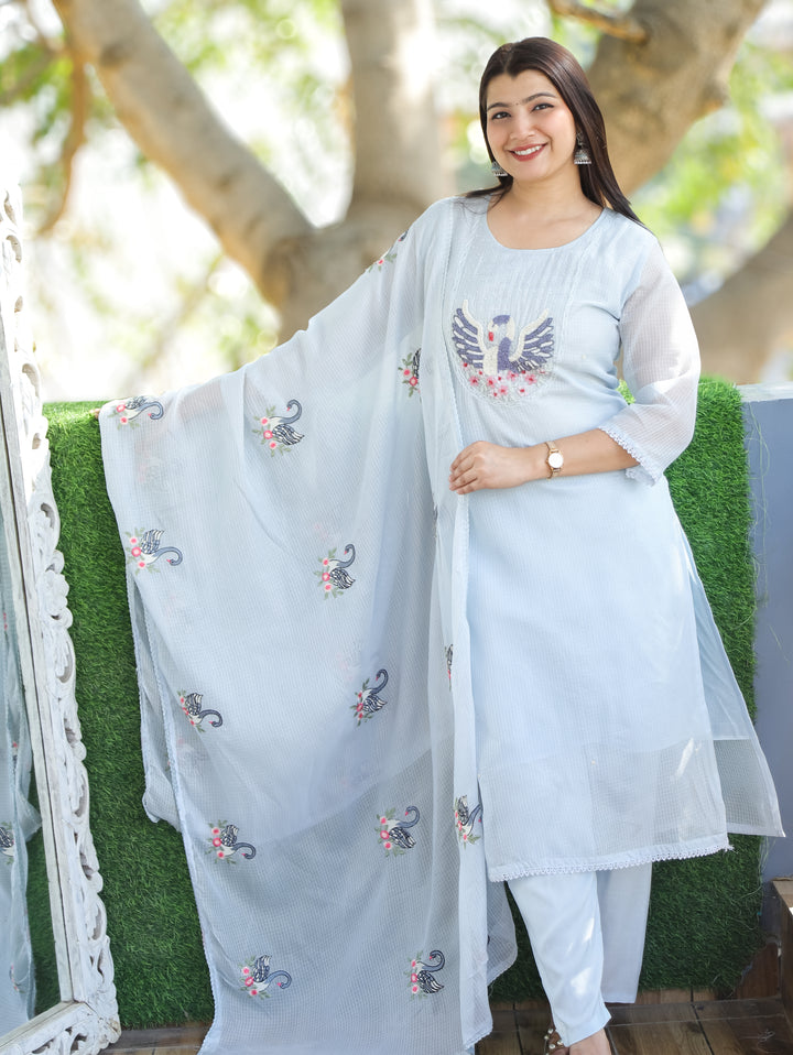 Kaveri Sky Bluish Grey Bird Style Kardana Neck Yoke Work Kota Doriya 3 Piece Set