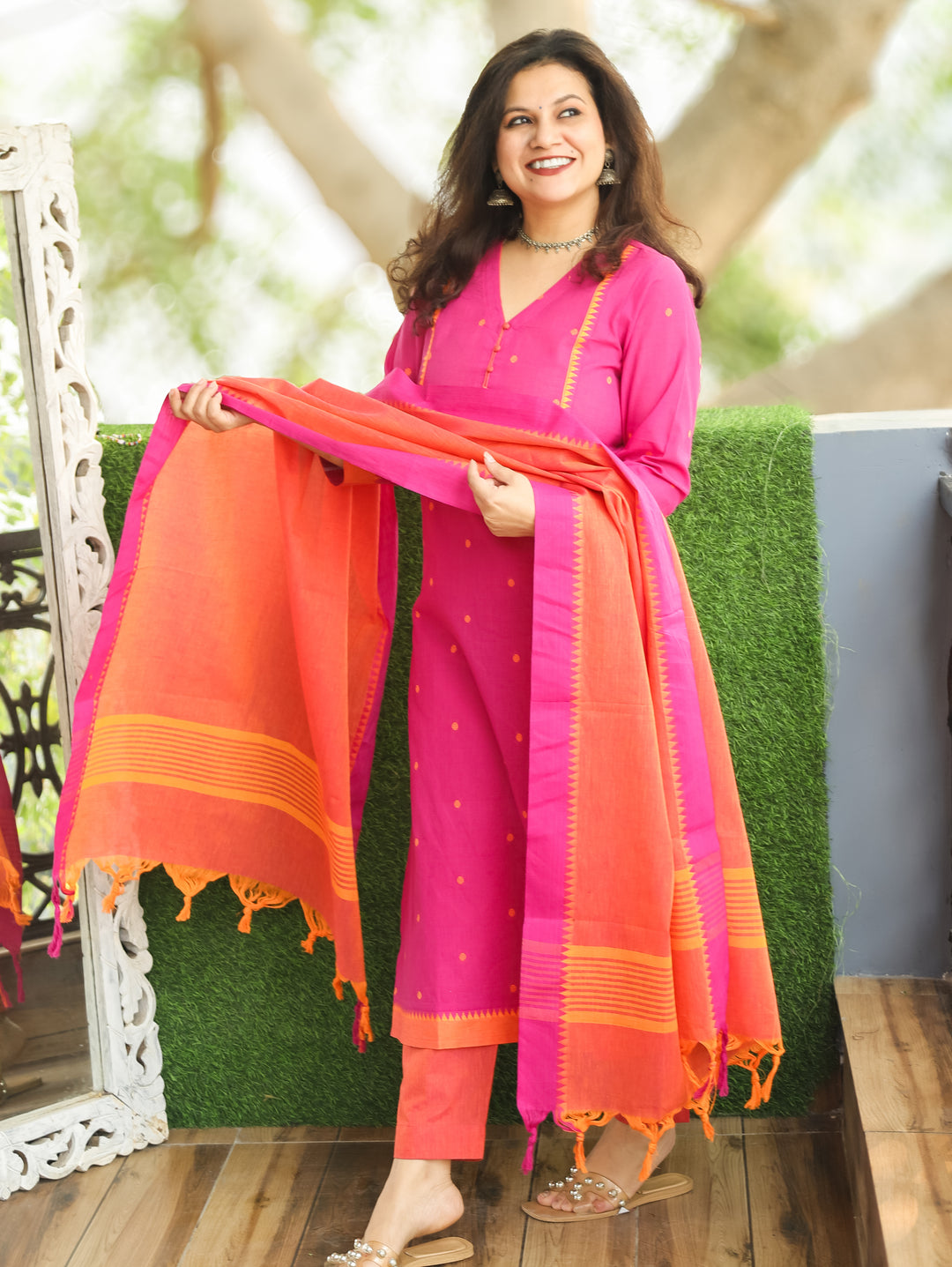 Yakisa Bright Pink Potli Button Mirror Yoke Thread Weaved South Cotton 3 Piece Set