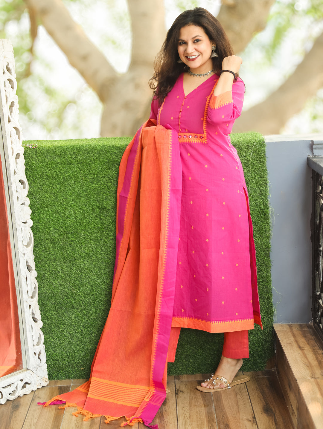 Yakisa Bright Pink Potli Button Mirror Yoke Thread Weaved South Cotton 3 Piece Set