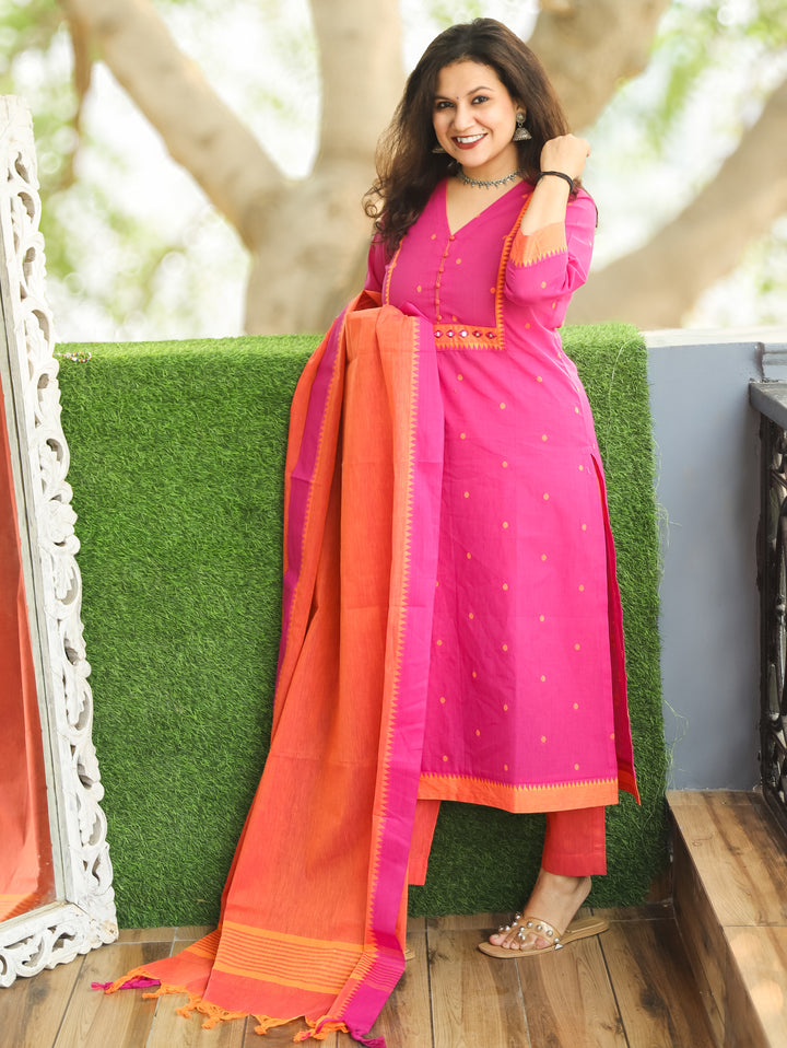 Yakisa Bright Pink Potli Button Mirror Yoke Thread Weaved South Cotton 3 Piece Set