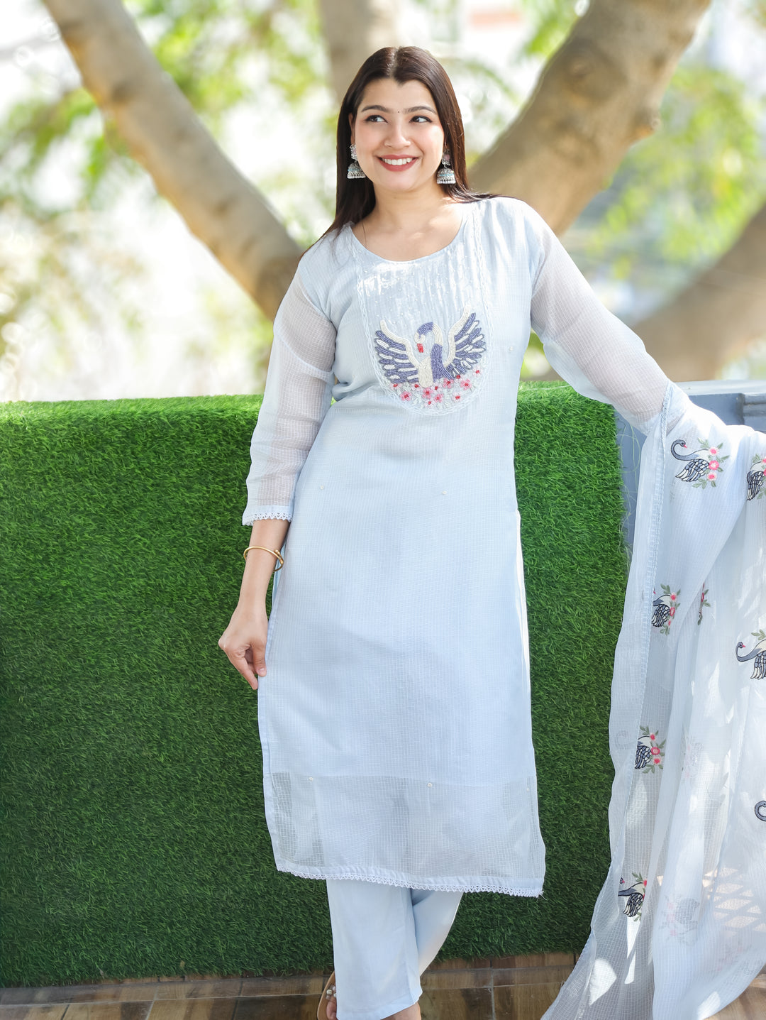 Kaveri Sky Bluish Grey Bird Style Kardana Neck Yoke Work Kota Doriya 3 Piece Set