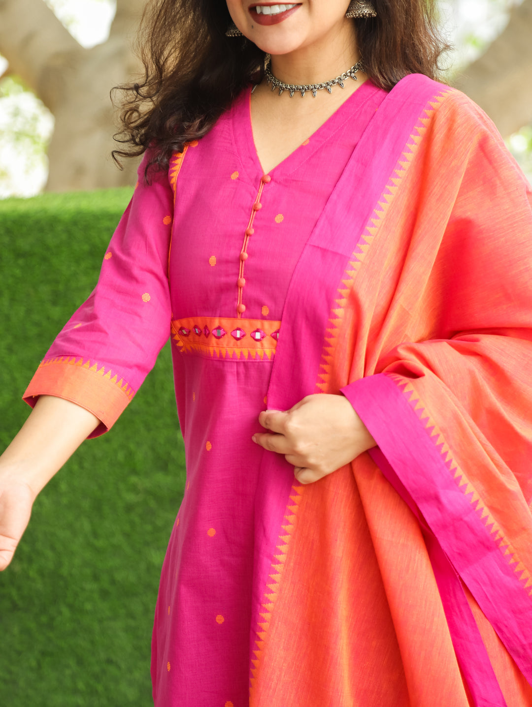 Yakisa Bright Pink Potli Button Mirror Yoke Thread Weaved South Cotton 3 Piece Set