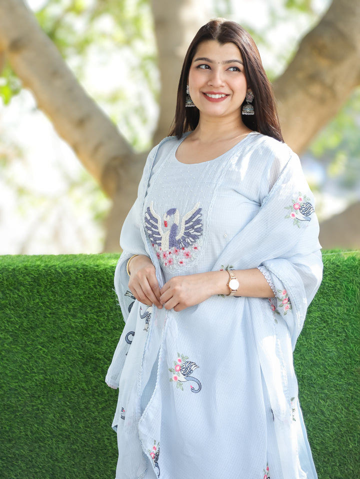 Kaveri Sky Bluish Grey Bird Style Kardana Neck Yoke Work Kota Doriya 3 Piece Set