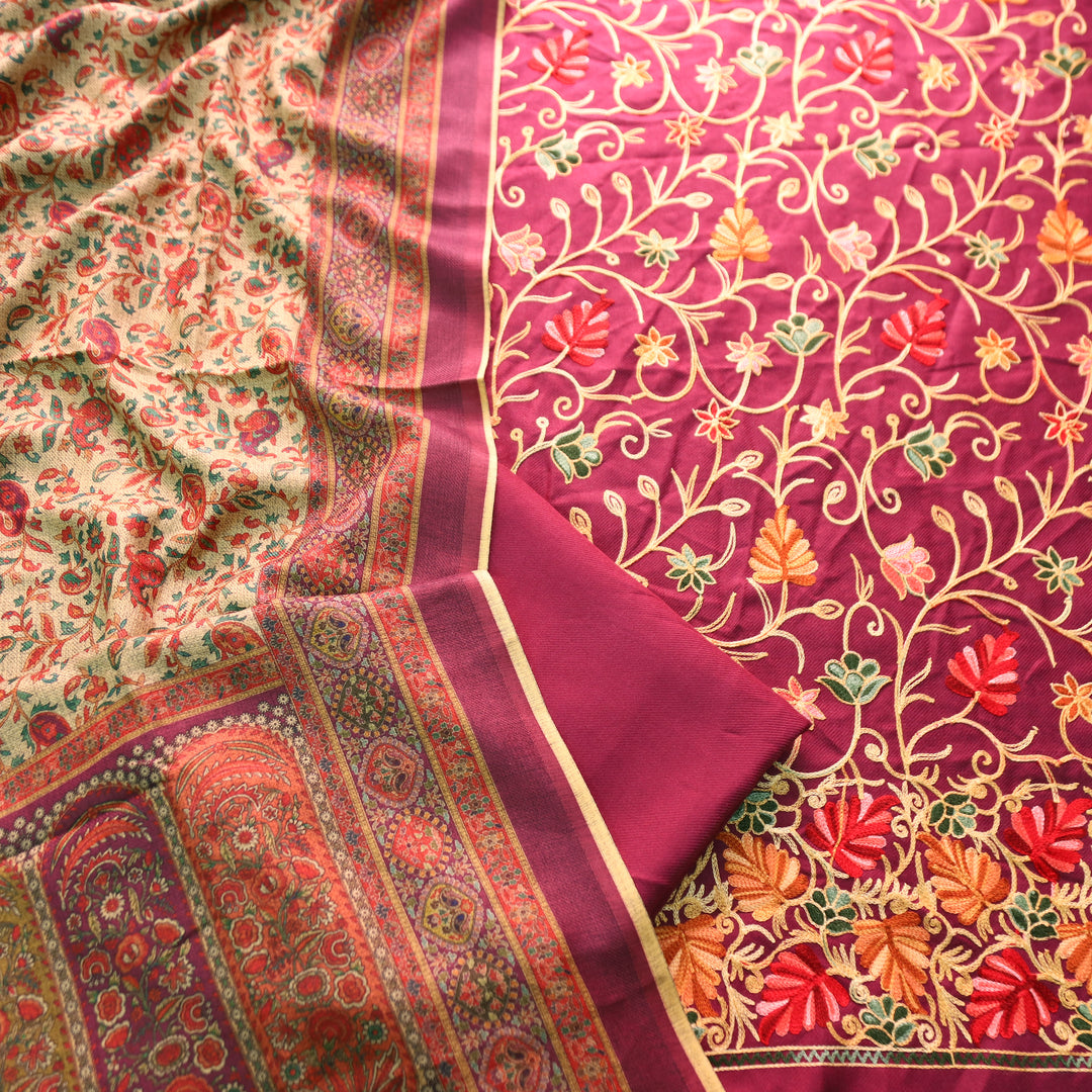मनोरमा Magenta Purple All Over Woven Kashida Embroidery Semi Pashmina Winter Set