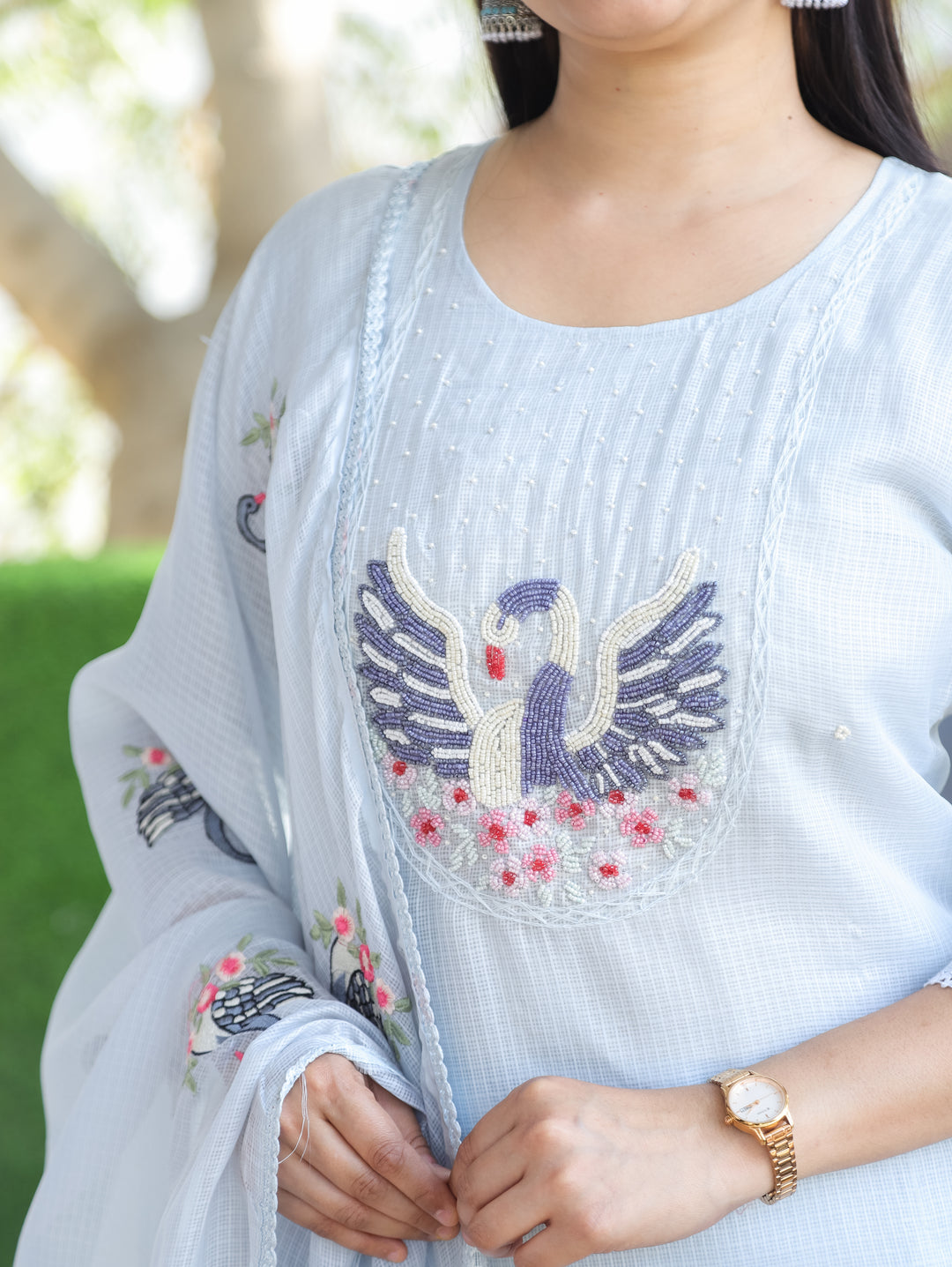 Kaveri Sky Bluish Grey Bird Style Kardana Neck Yoke Work Kota Doriya 3 Piece Set