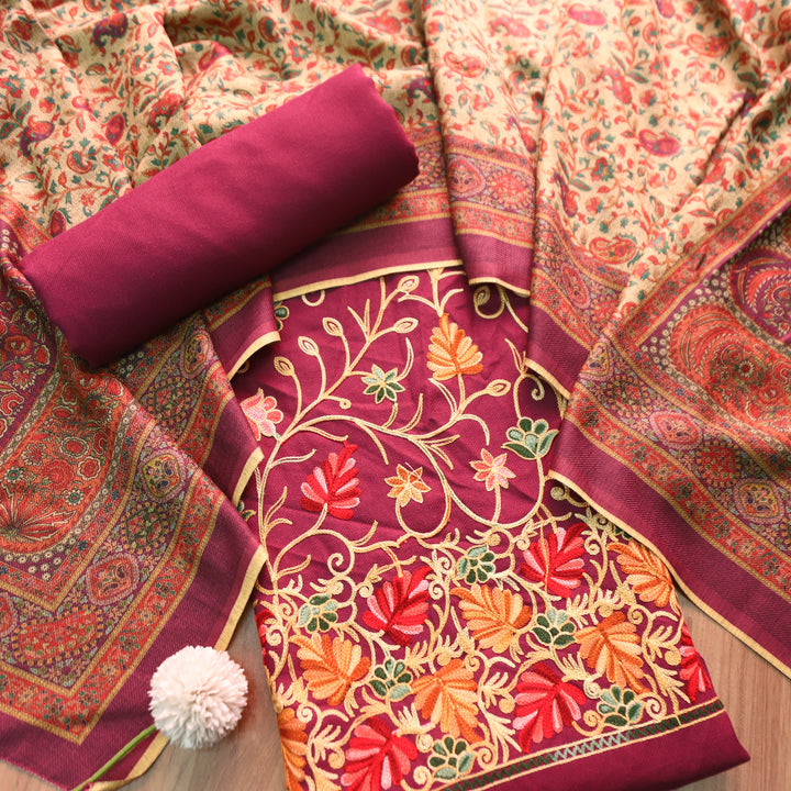 मनोरमा Magenta Purple All Over Woven Kashida Embroidery Semi Pashmina Winter Set
