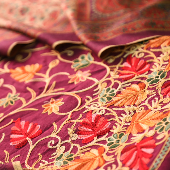 मनोरमा Magenta Purple All Over Woven Kashida Embroidery Semi Pashmina Winter Set