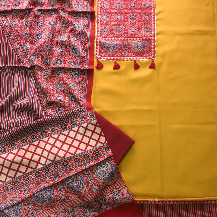 Kushal Dijon Yellow Glazed Cotton Top and Printed Mashru Dupatta-D5