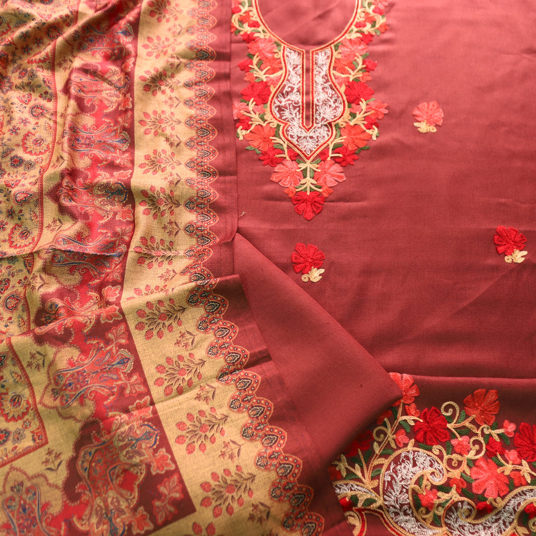 कनक Barn Maroon Kashida Embroidery Work Semi Pashmina Winter Set