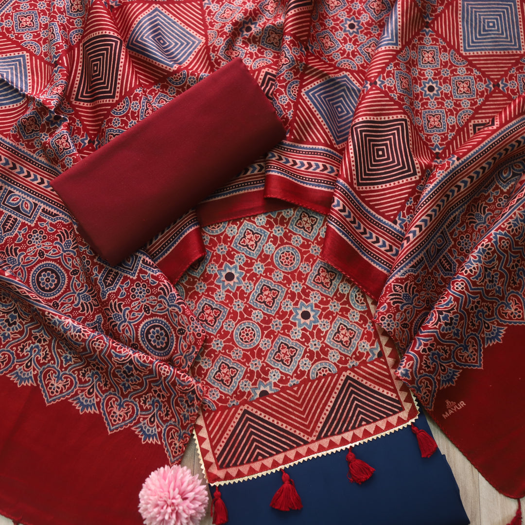 Kushal Deep Blue Glazed Cotton Top and Printed Mashru Dupatta-D4