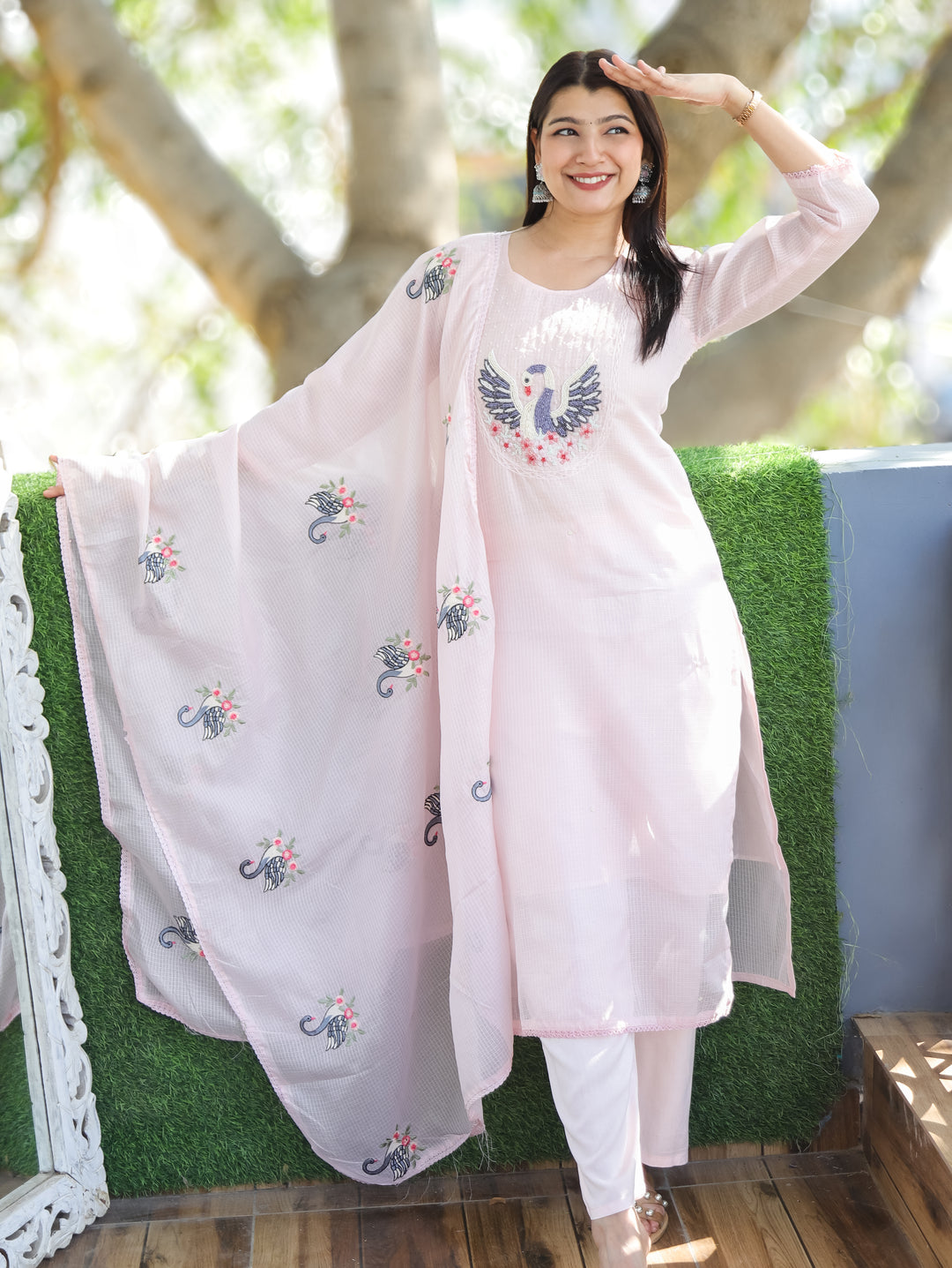 Kaveri Candy Pink Bird Style Kardana Neck Yoke Work Kota Doriya 3 Piece Set