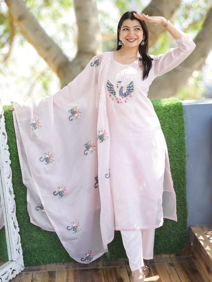 Kaveri Candy Pink Bird Style Kardana Neck Yoke Work Kota Doriya 3 Piece Set