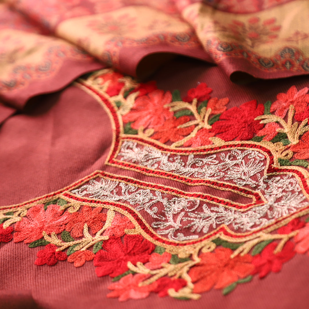 कनक Barn Maroon Kashida Embroidery Work Semi Pashmina Winter Set