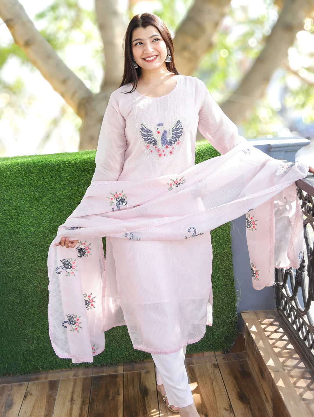 Kaveri Candy Pink Bird Style Kardana Neck Yoke Work Kota Doriya 3 Piece Set