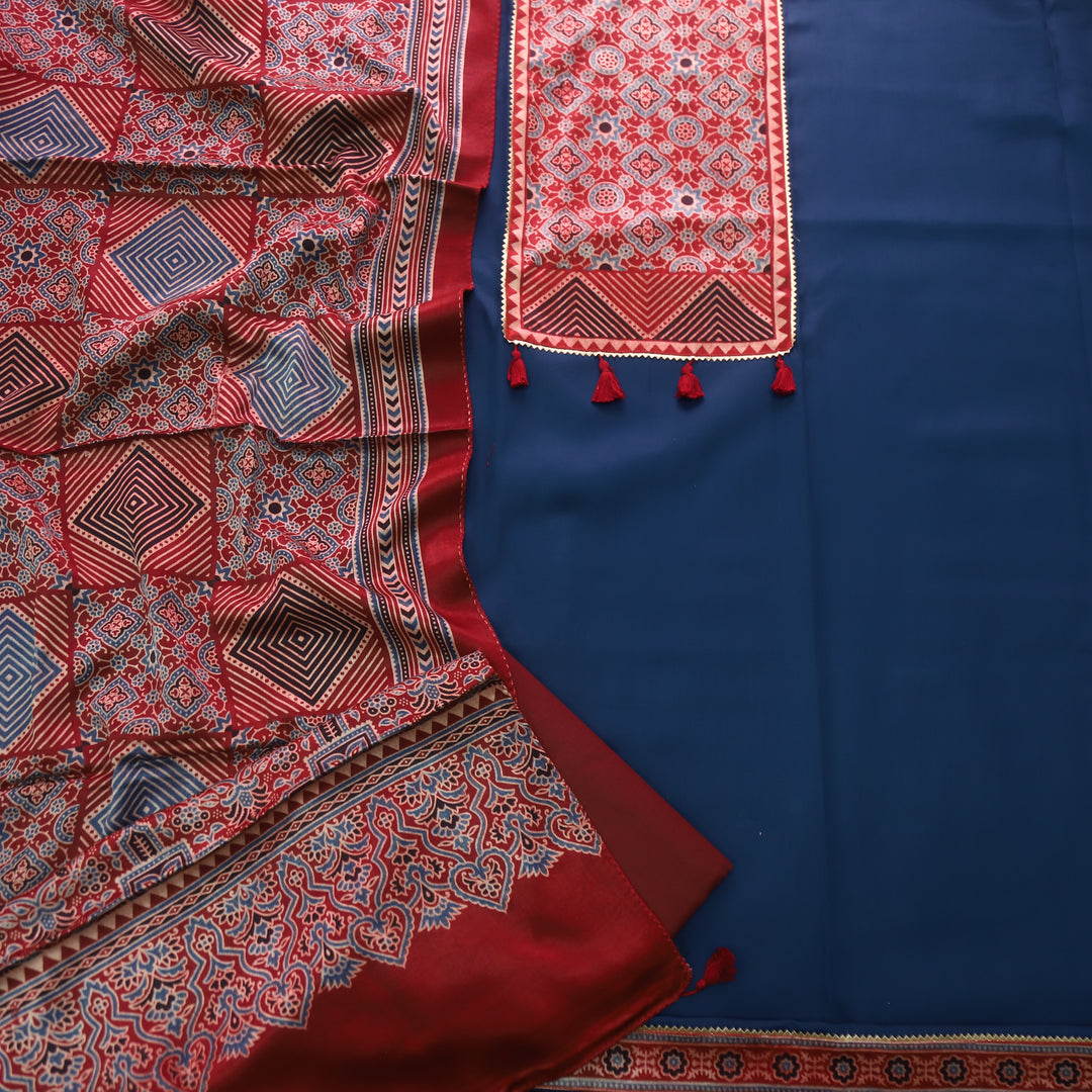 Kushal Deep Blue Glazed Cotton Top and Printed Mashru Dupatta-D4