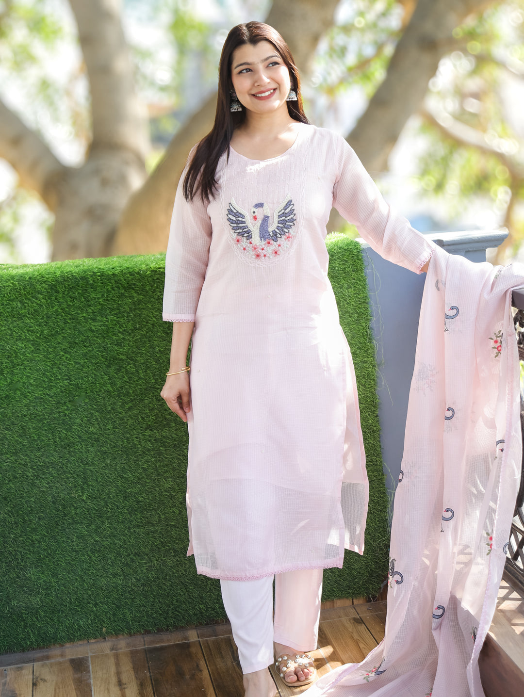 Kaveri Candy Pink Bird Style Kardana Neck Yoke Work Kota Doriya 3 Piece Set