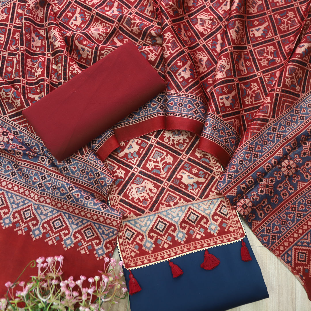 Kushal Deep Blue Glazed Cotton Top and Printed Mashru Dupatta-D3
