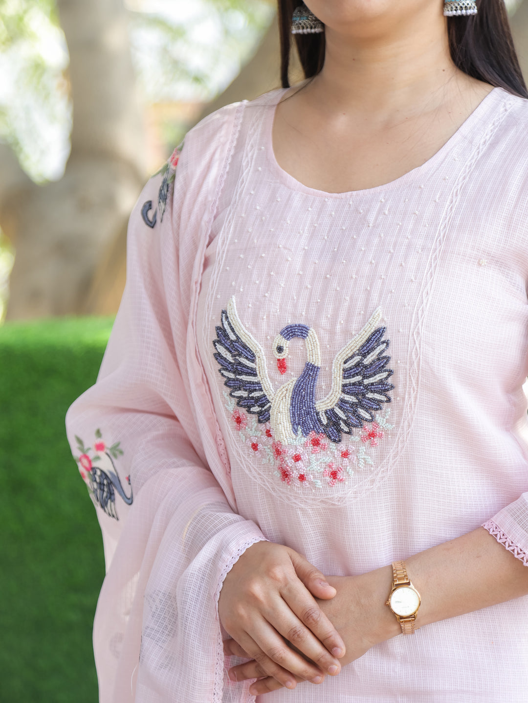 Kaveri Candy Pink Bird Style Kardana Neck Yoke Work Kota Doriya 3 Piece Set