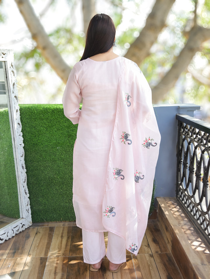 Kaveri Candy Pink Bird Style Kardana Neck Yoke Work Kota Doriya 3 Piece Set