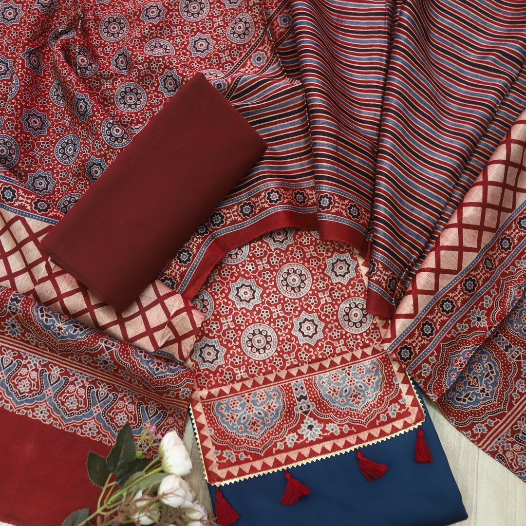 Kushal Deep Blue Glazed Cotton Top and Printed Mashru Dupatta-D5