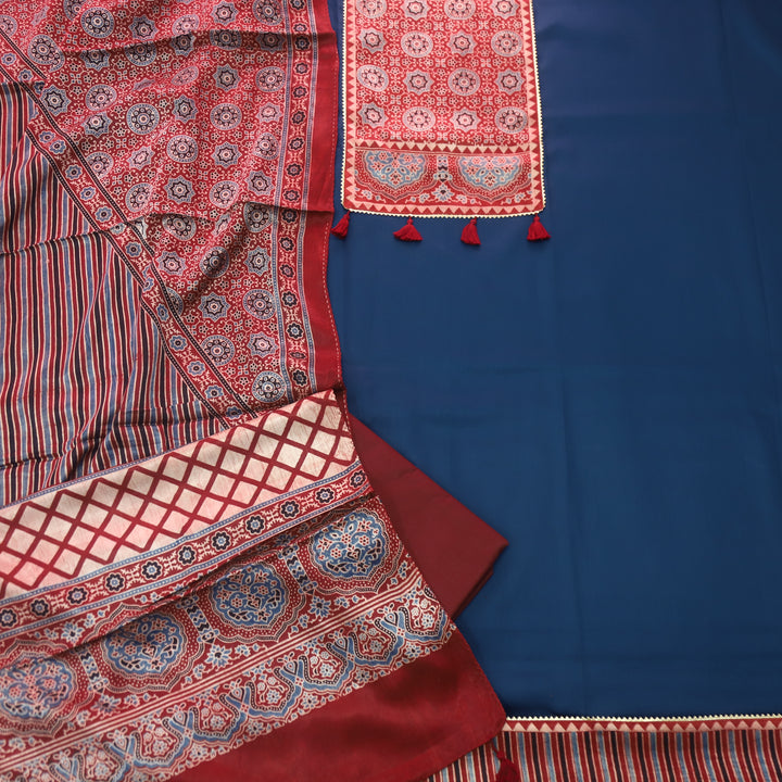 Kushal Deep Blue Glazed Cotton Top and Printed Mashru Dupatta-D5