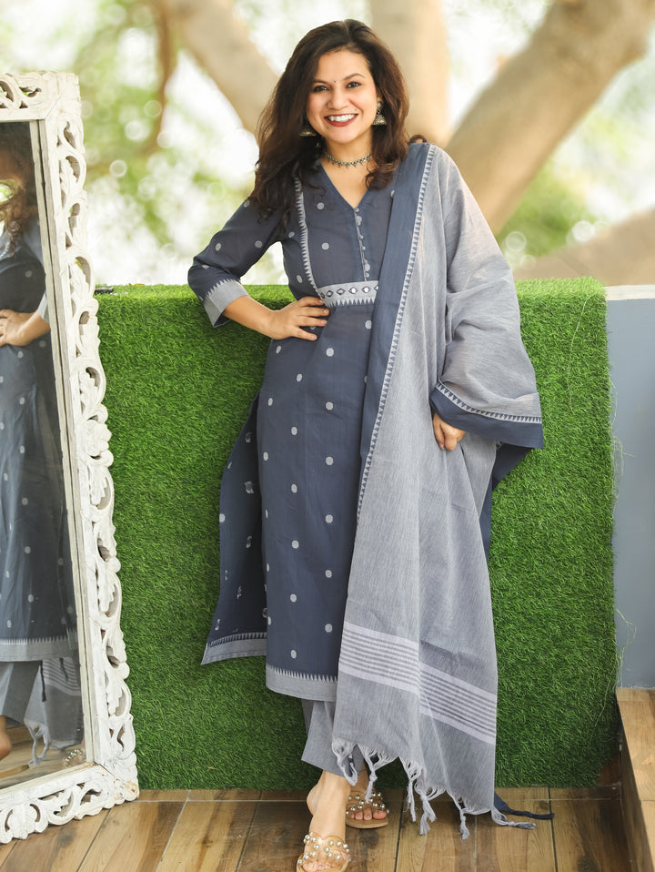 Yakisa Fossil Grey Potli Button Mirror Yoke Thread Weaved South Cotton 3 Piece Set