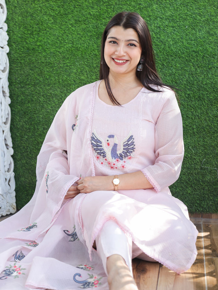 Kaveri Candy Pink Bird Style Kardana Neck Yoke Work Kota Doriya 3 Piece Set