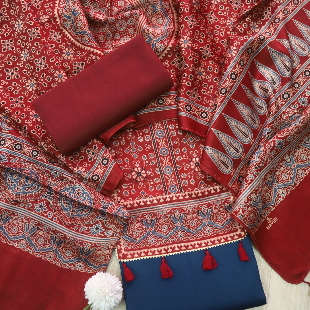 Kushal Deep Blue Glazed Cotton Top and Printed Mashru Dupatta-D2