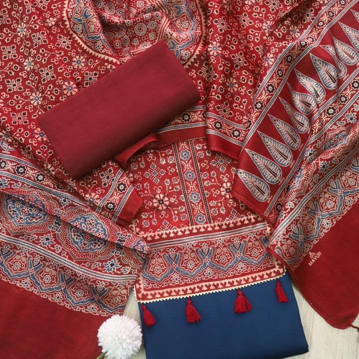 Kushal Deep Blue Glazed Cotton Top and Printed Mashru Dupatta-D2