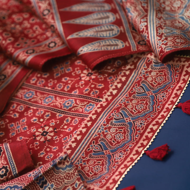 Kushal Deep Blue Glazed Cotton Top and Printed Mashru Dupatta-D2