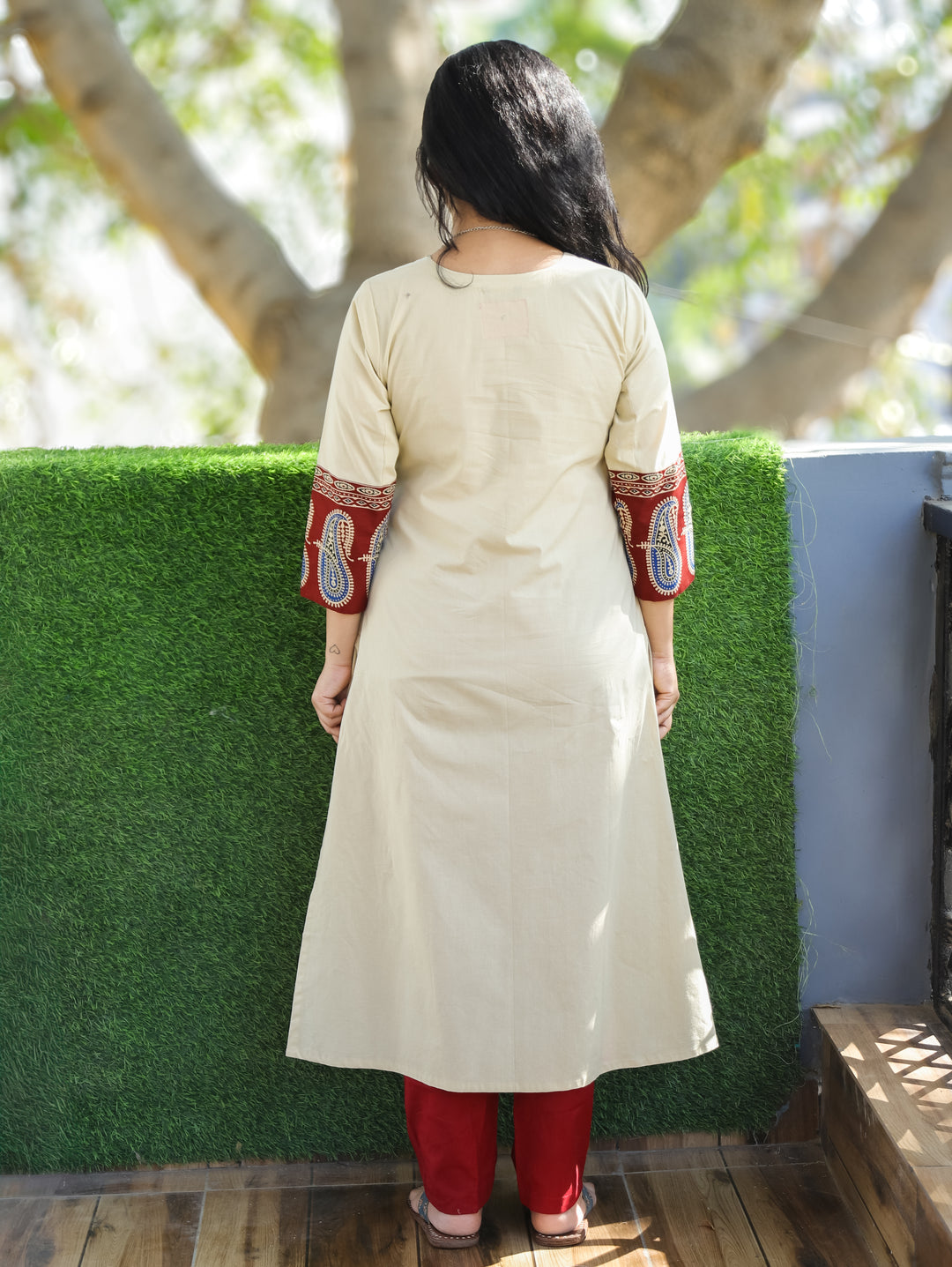 Vrishti Cream Beige Angrakha Neck with Knot Paisley Printed Hemline Cotton Kurti