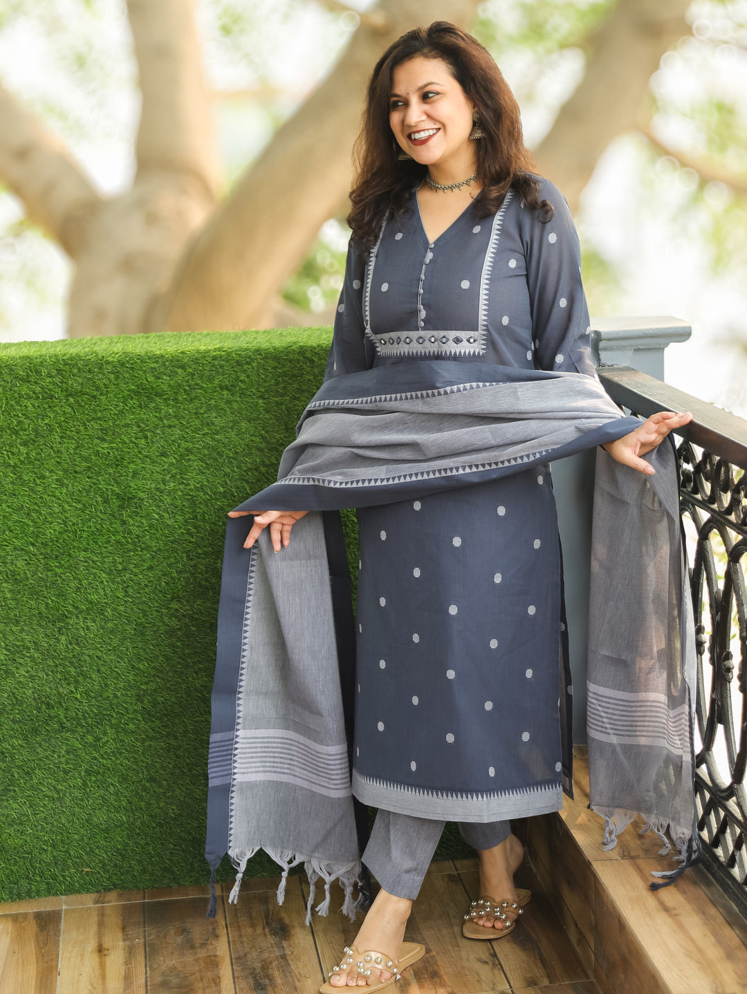 Yakisa Fossil Grey Potli Button Mirror Yoke Thread Weaved South Cotton 3 Piece Set