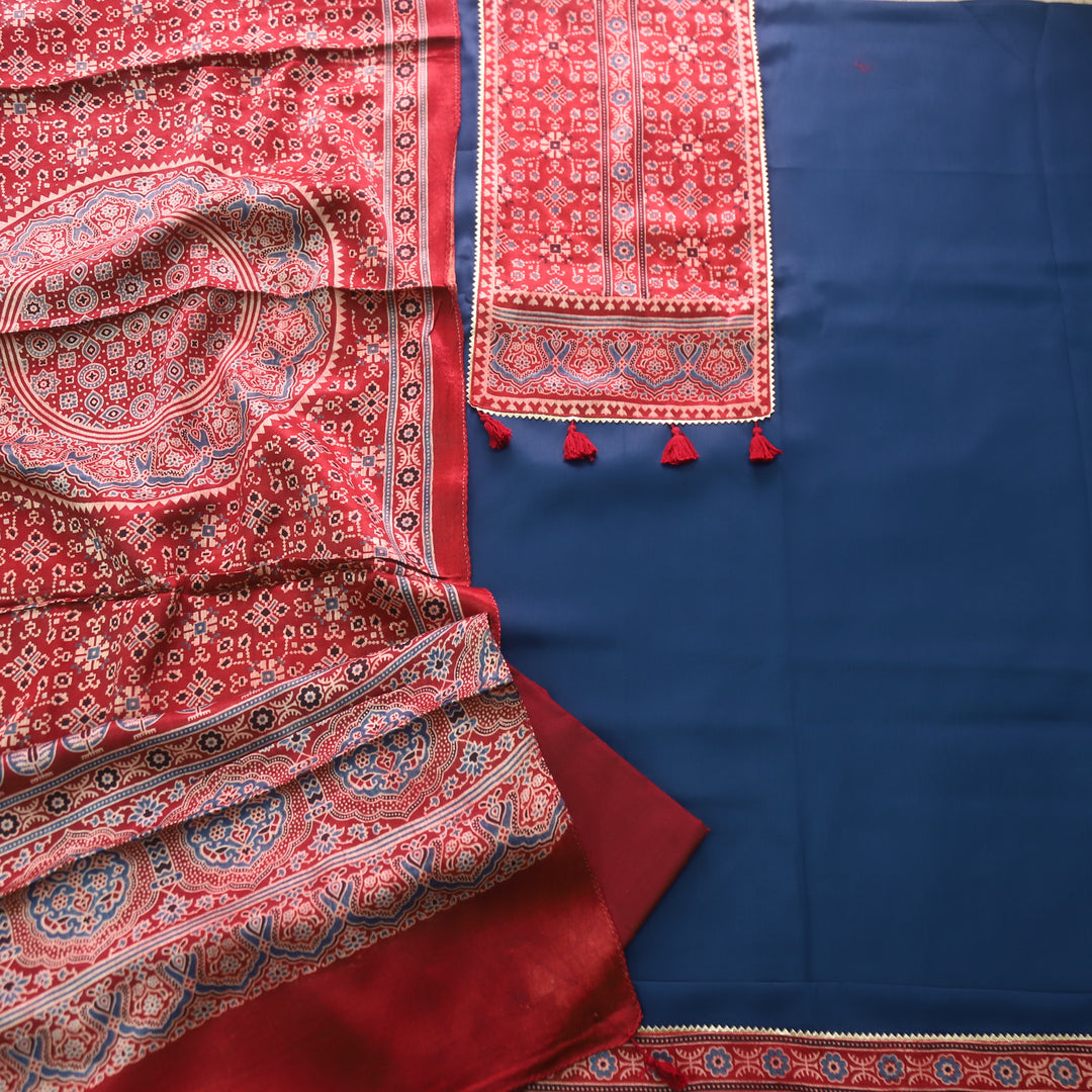 Kushal Deep Blue Glazed Cotton Top and Printed Mashru Dupatta-D2