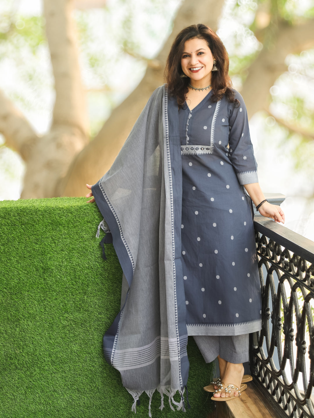 Yakisa Fossil Grey Potli Button Mirror Yoke Thread Weaved South Cotton 3 Piece Set