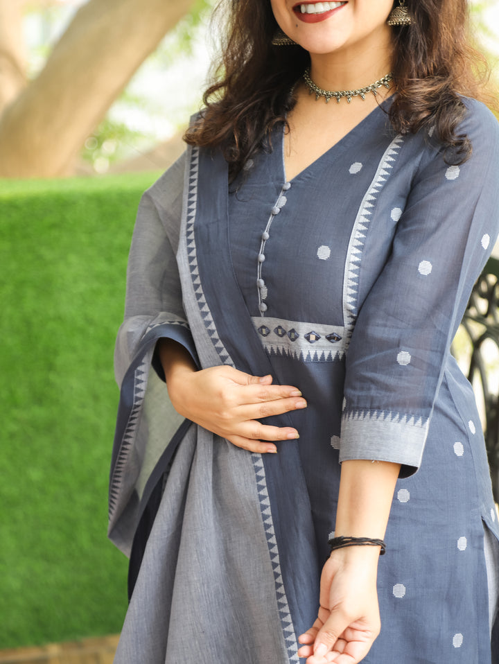 Yakisa Fossil Grey Potli Button Mirror Yoke Thread Weaved South Cotton 3 Piece Set