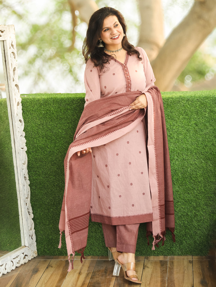 Haniya Pink Mauve Temple Print with Polti Button Thread Weaved South Cotton 3 Piece Set