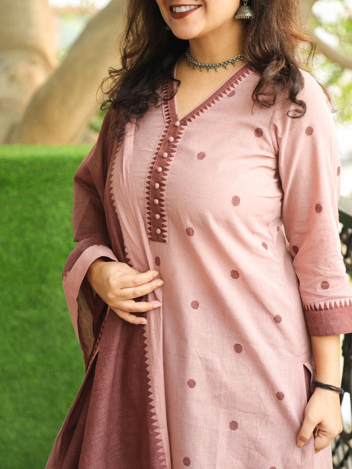 Haniya Pink Mauve Temple Print with Polti Button Thread Weaved South Cotton 3 Piece Set