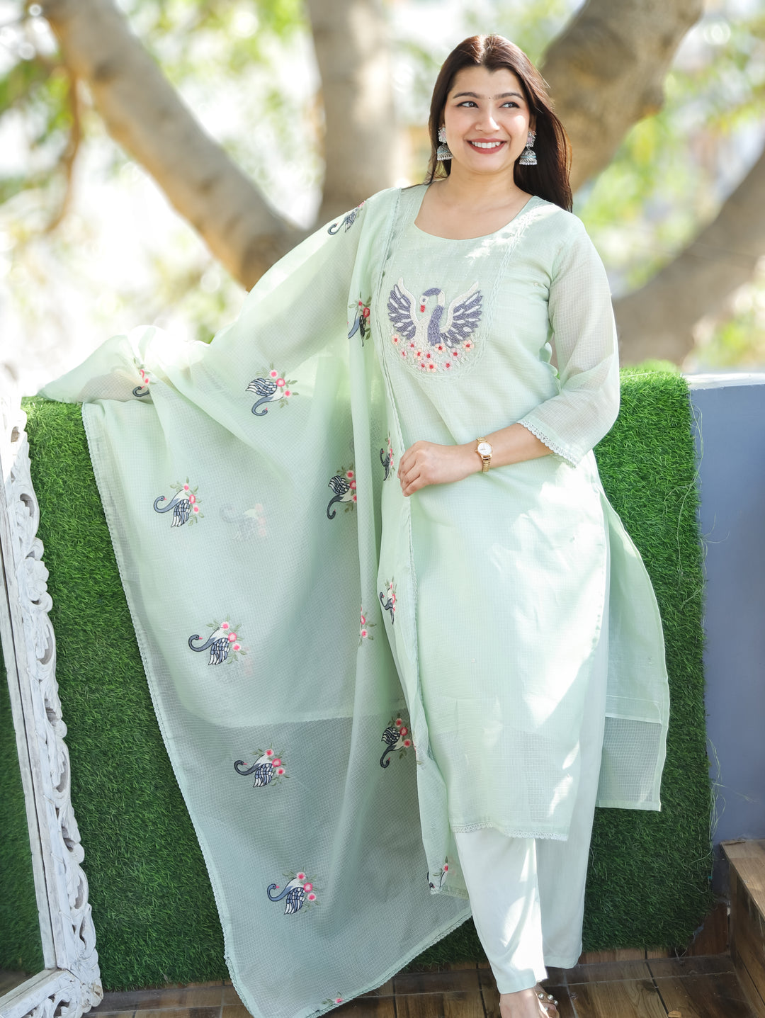 Kaveri Breezy Mint Bird Style Kardana Neck Yoke Work Kota Doriya 3 Piece Set