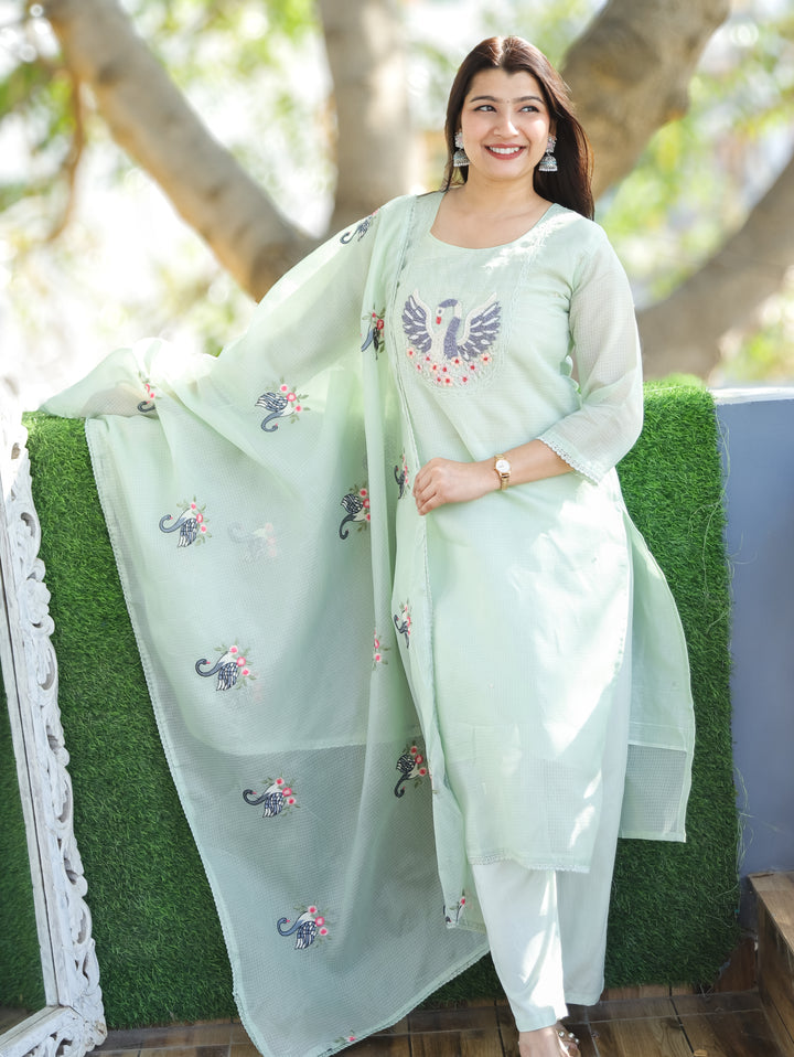 Kaveri Breezy Mint Bird Style Kardana Neck Yoke Work Kota Doriya 3 Piece Set