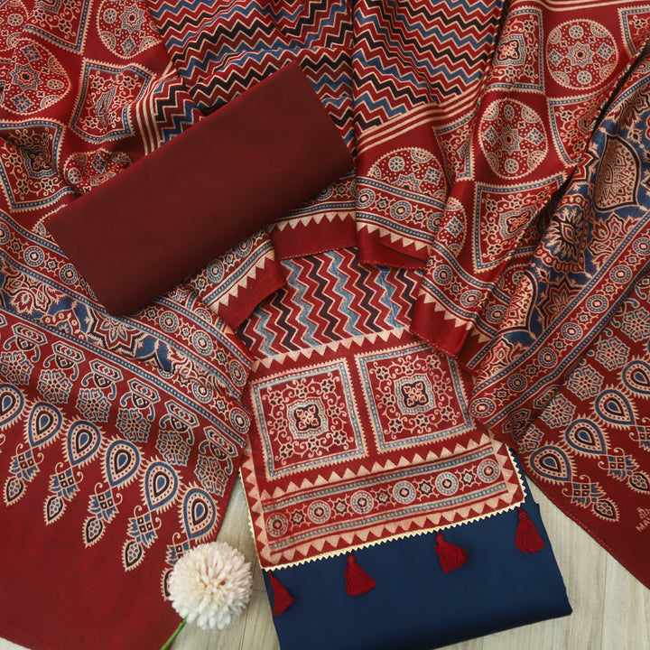 Kushal Deep Blue Glazed Cotton Top and Printed Mashru Dupatta-D1