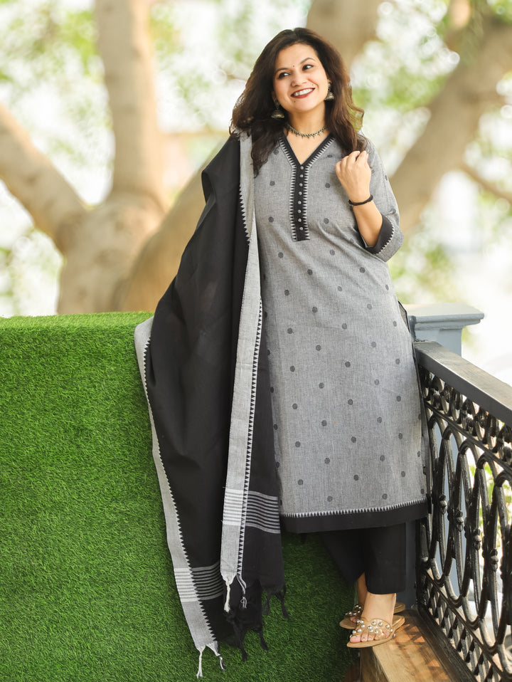 Haniya Sky Grey Temple Print with Polti Button Thread Weaved South Cotton 3 Piece Set