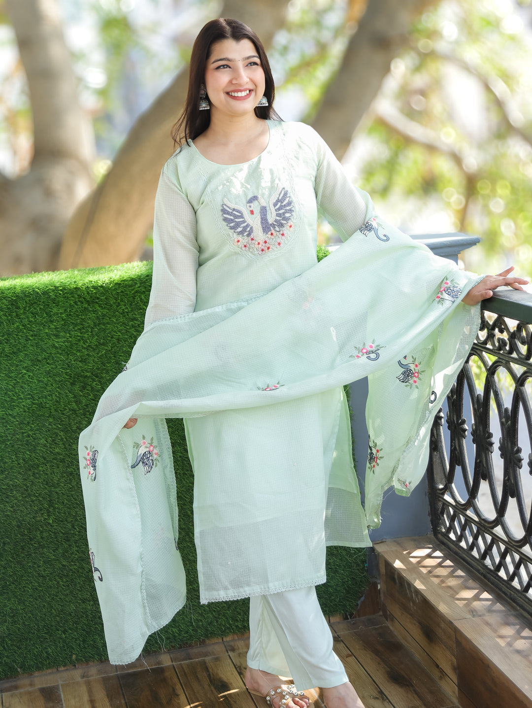 Kaveri Breezy Mint Bird Style Kardana Neck Yoke Work Kota Doriya 3 Piece Set