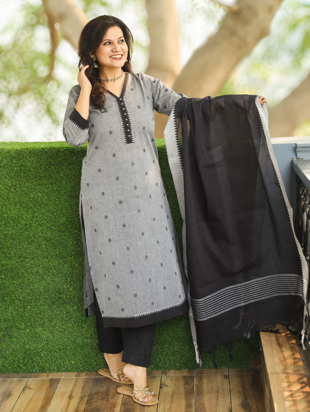 Haniya Sky Grey Temple Print with Polti Button Thread Weaved South Cotton 3 Piece Set