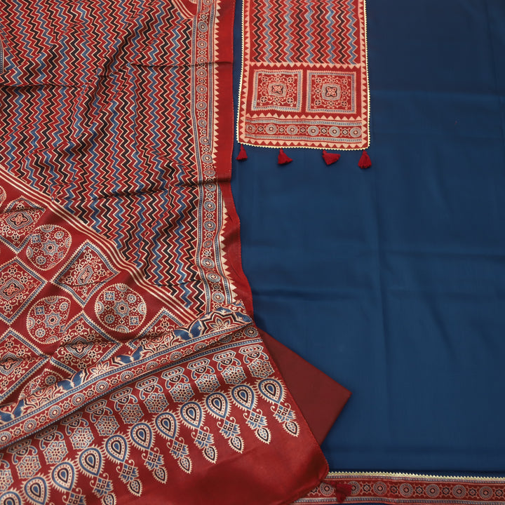 Kushal Deep Blue Glazed Cotton Top and Printed Mashru Dupatta-D1