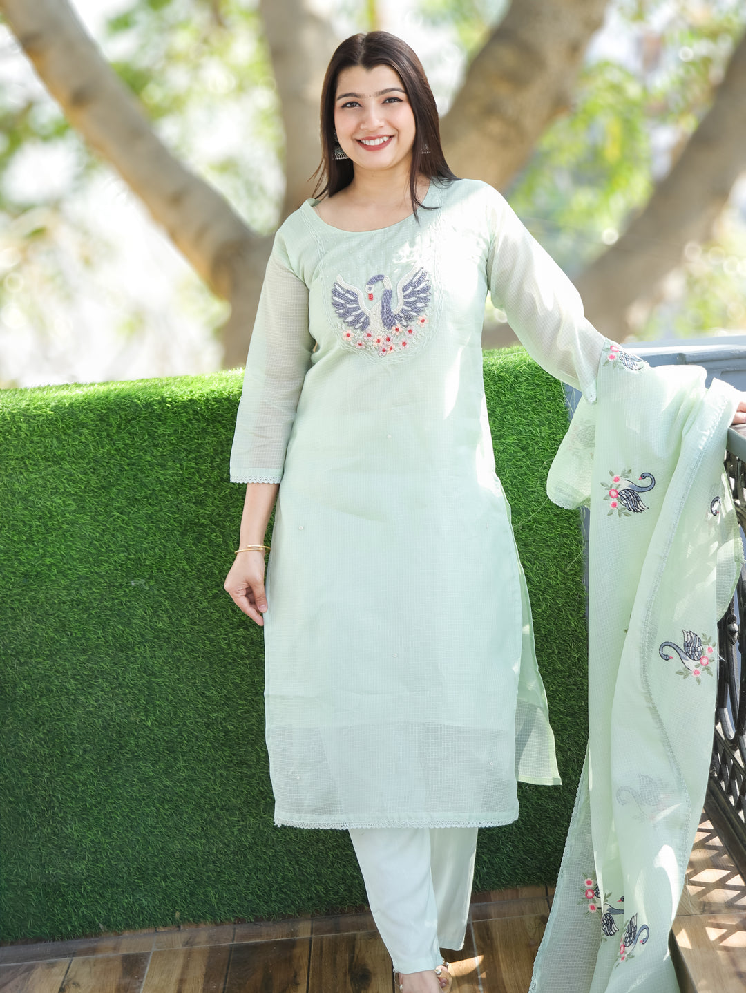 Kaveri Breezy Mint Bird Style Kardana Neck Yoke Work Kota Doriya 3 Piece Set