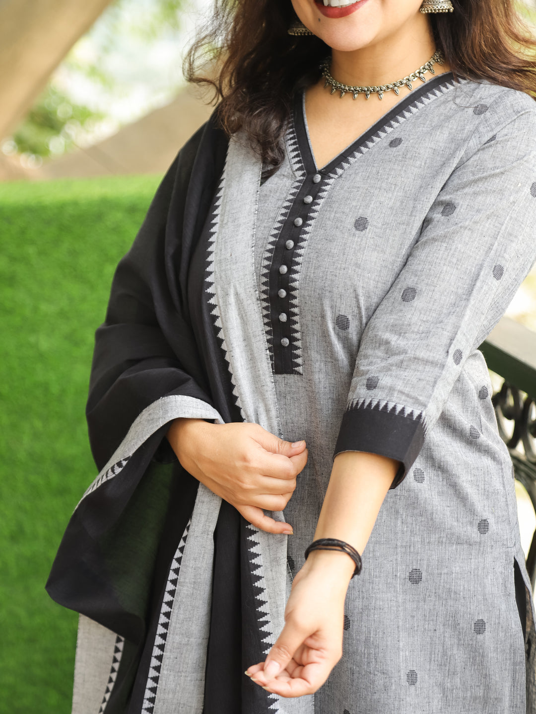 Haniya Sky Grey Temple Print with Polti Button Thread Weaved South Cotton 3 Piece Set