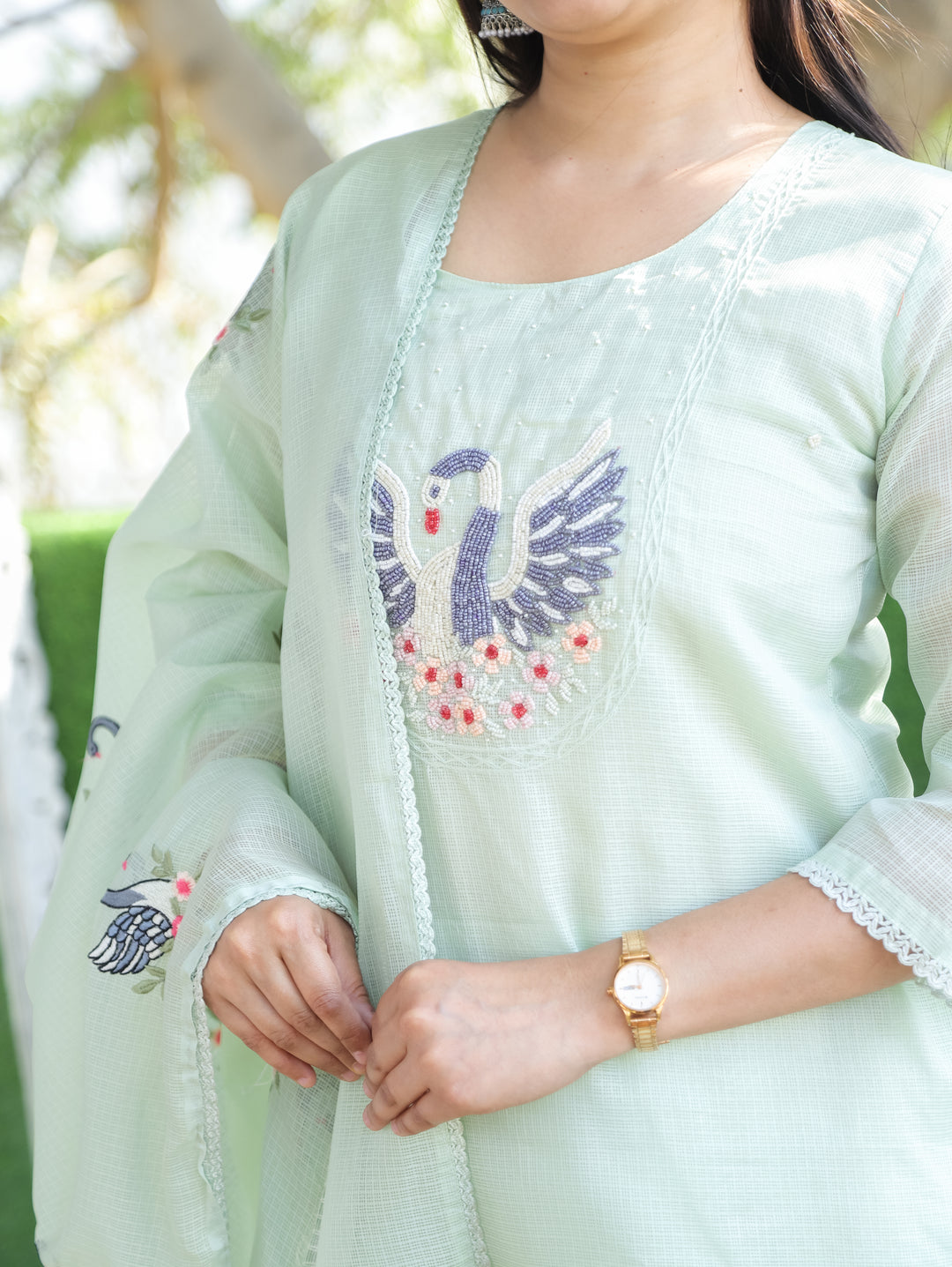 Kaveri Breezy Mint Bird Style Kardana Neck Yoke Work Kota Doriya 3 Piece Set