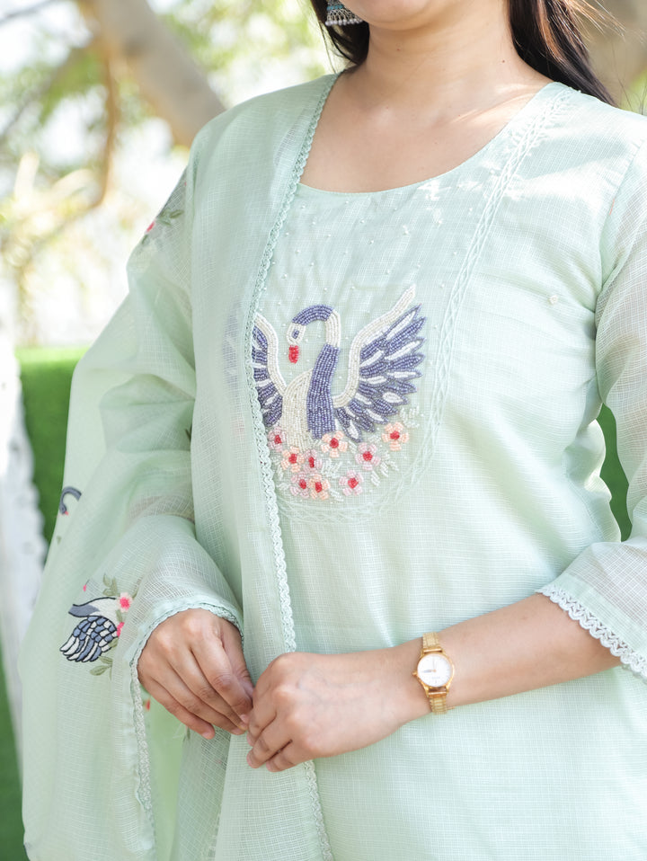 Kaveri Breezy Mint Bird Style Kardana Neck Yoke Work Kota Doriya 3 Piece Set